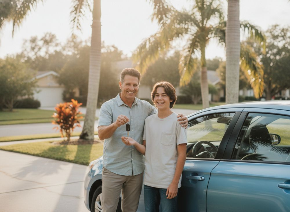 A father with his teenage driver beside their car